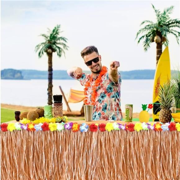 Pack of 2, 9 feet X 29" Luau Grass Table Skirt,Hawaiian Luau Libiscus TableSkirt - Picture 2 of 6